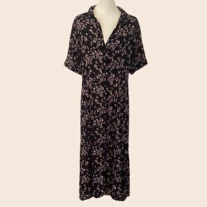 Noa Noa Navy & Lilac Floral Buttonfront Midi Shirt Dress Size 40